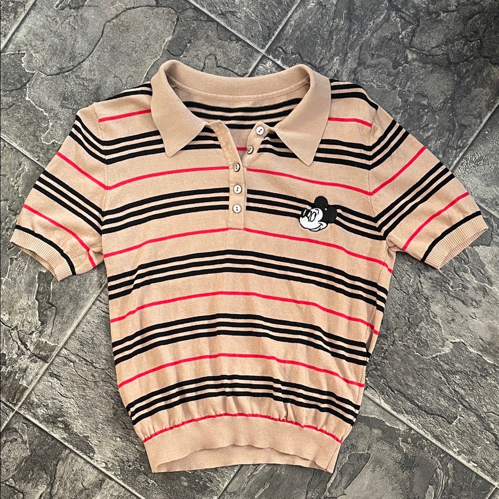 MICKEY MOUSE Women’s Polo Sweater - Tan Black Red Preppy Stripes Fun Resortwear
